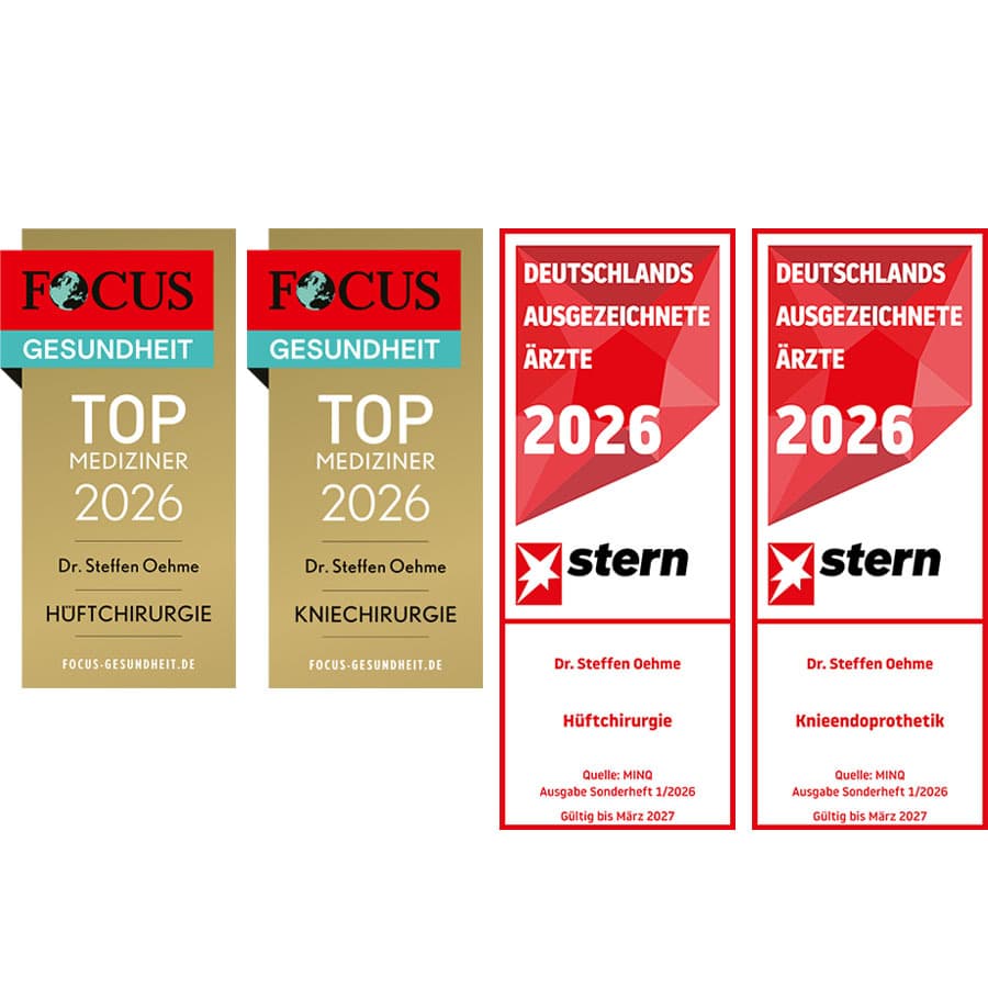 Siegel für ausgezeichnete Medizin in den Bereichen Hüft- und Knieoperationen von FOCUS und Stern für Herrn Dr. Oehme.